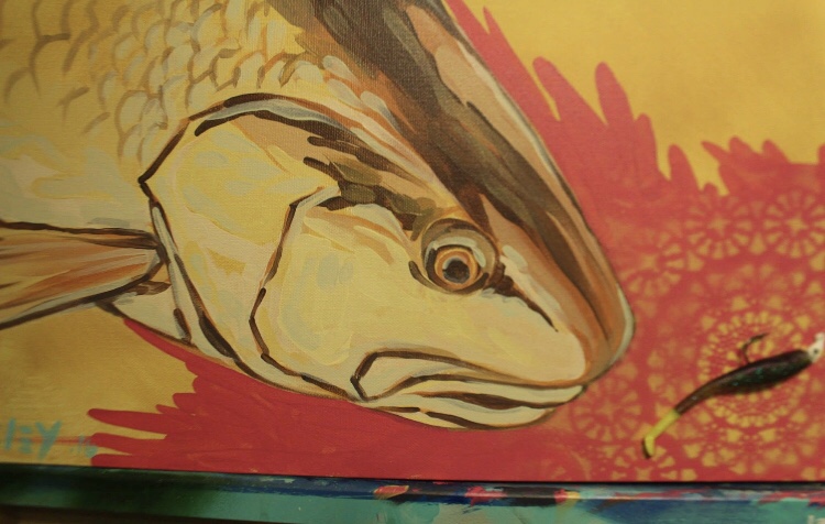 1x2ft Mixed Media Spray paint, acrylic paint . Soft plastic “Down South Lures” color = Chicken of the sea