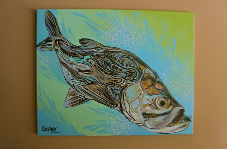 2x3ft Mixed Media . Spray paint, acrylic paint. Hand tied fly in mouth