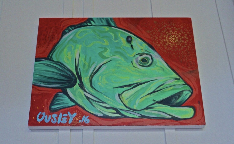 14”x16” acrylic on canvas .used Grouper rig Hooked in mouth