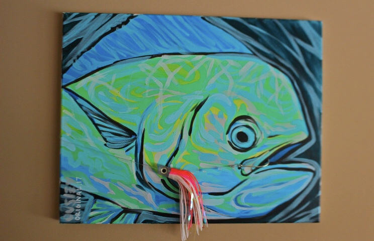 12”x14” Mixed Media. Spray paint, acrylic paint . Used pink trolling skirt