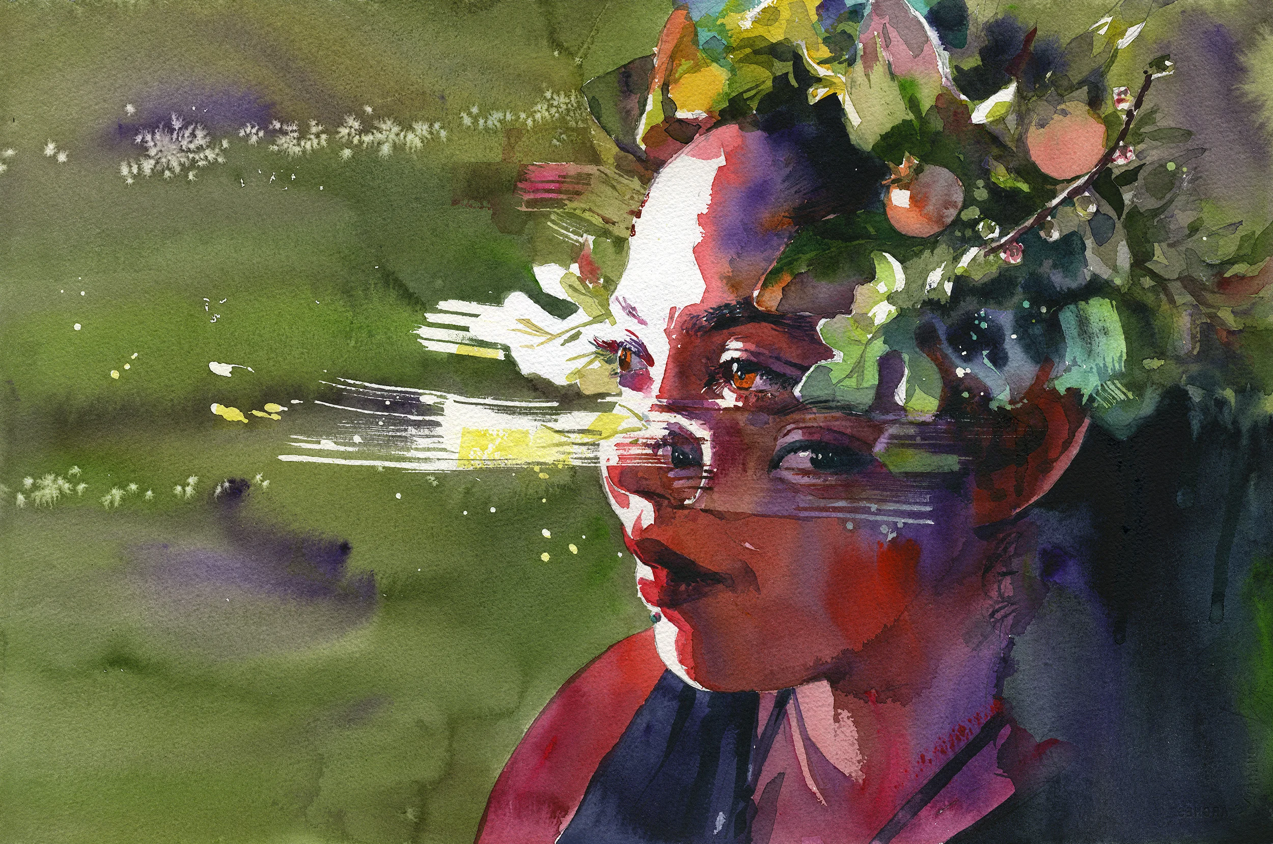 "Gaze" Watercolor on paper, 15" x 22", 2017 Received Ron Schloyer Oustanding Watercolor Award at Pennsylvania Watercolor Society's 28th Juried Exhibition. Included in Splash 20: Creative Compositions- The Best of Watercolor , North Light books. Currently available through Rehs Contemporary . Limited edition print available in the shop
