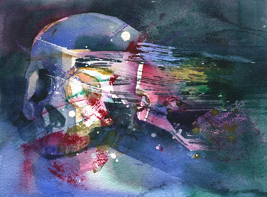 "Out of My Skull II" Watercolor with crayon, colored pencil, acrylic, and watercolor marker on paper, 9" x 12", 2018 Available through Every Day Original