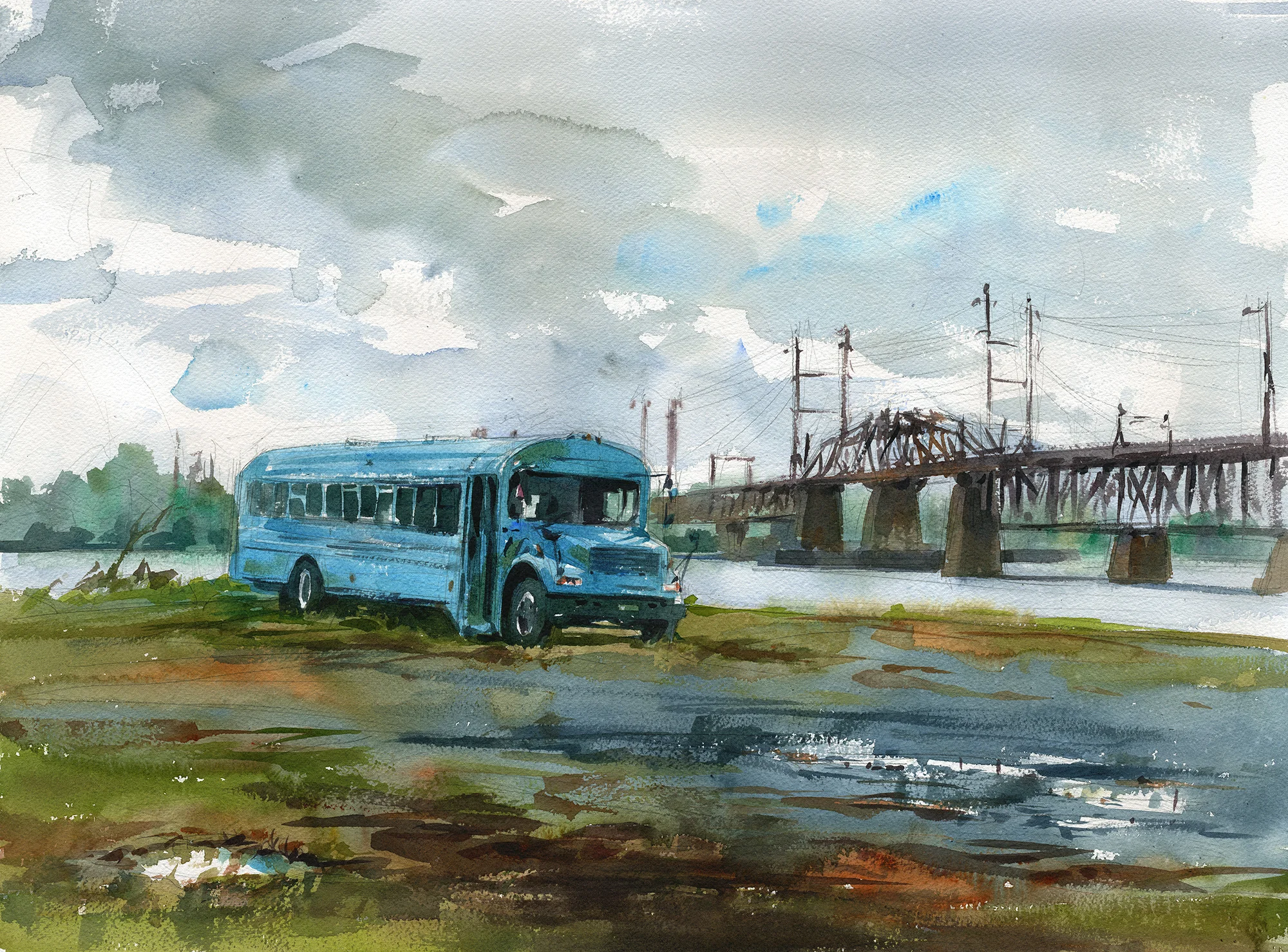 "Blue Bus, Grey Day" (Havre de Grace, MD) Watercolor on paper, 18" x 24", 2017 Available through Artists' Emporium in Havre de Grace, MD Received Second Place at Harford Plein Air 2017