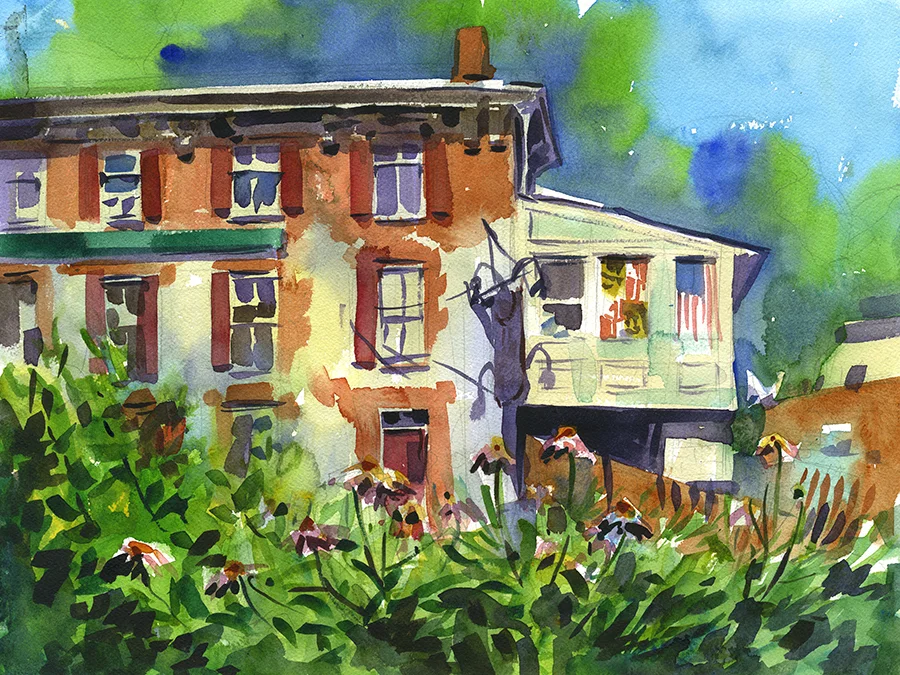 "Flowers and Faded Flags" (Ellicott City, MD) Watercolor on paper, 12" x 16", 2017 Available through Artists' Emporium in Havre de Grace, MD