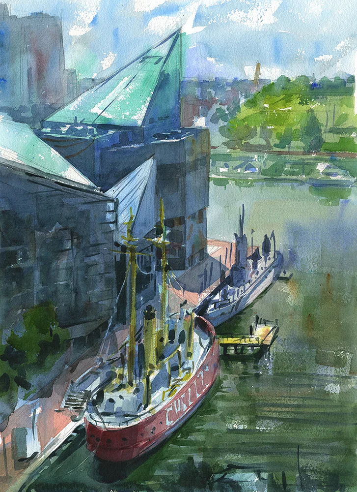 "From One Fishbowl to Another" (Inner Harbor, Baltimore, MD) Watercolor on paper, 18" x 24", 2016 Received Second Place at Mid-Atlantic Plein Air Painters' Association "Cityscape" exhibit in 2016 Sold Prints available in shop.