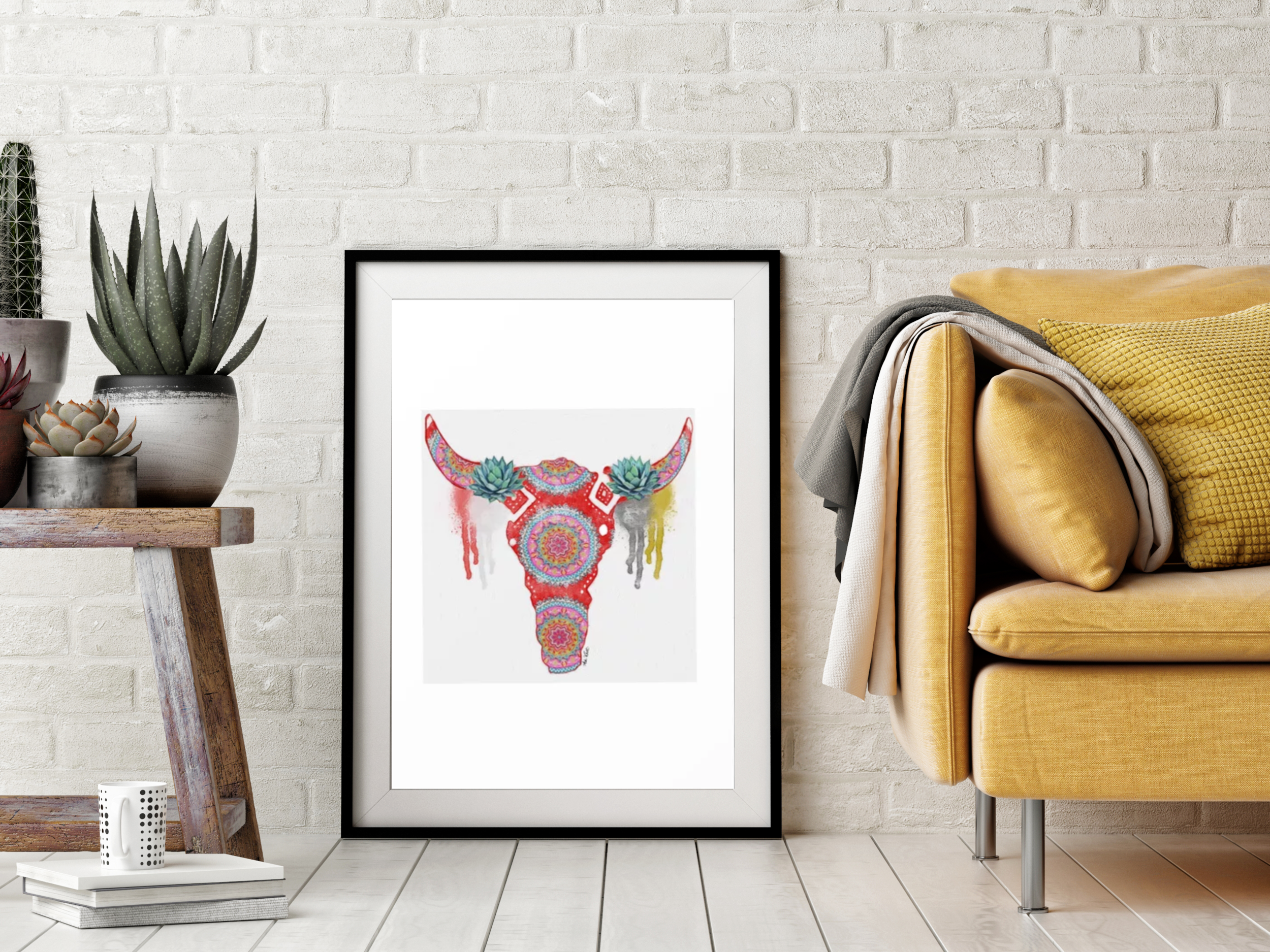 Yellow Sofa with Cowskull Print.png