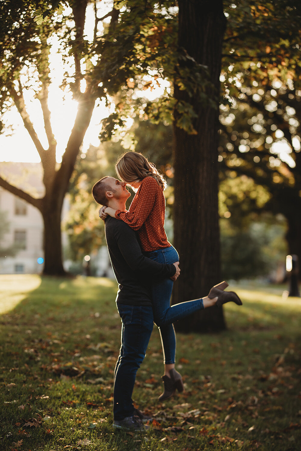 Engagement portraits of couple during sunset. 