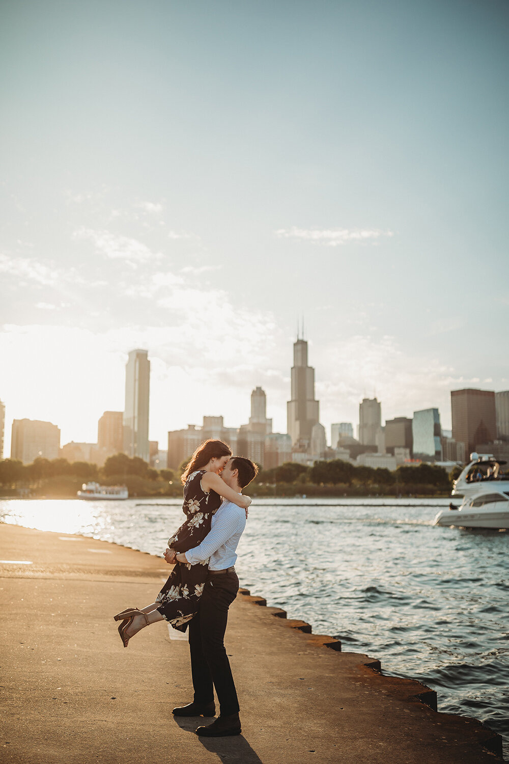 couple in front of chicago city skyline 