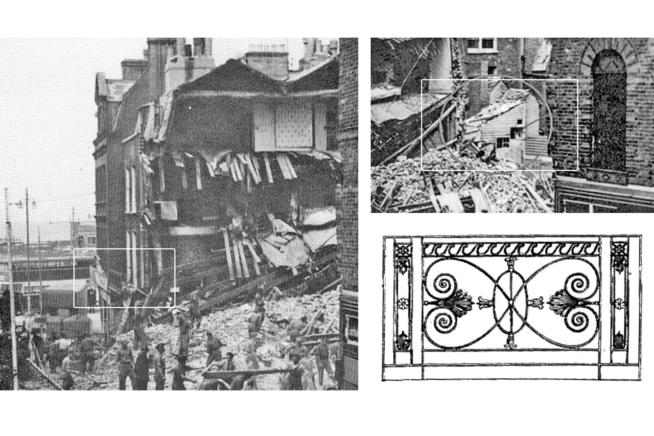 Photo: WWII bomb damage. Iron balcony identified for restoration.