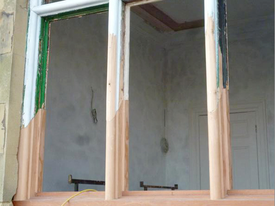 Repair detail, new window frame sections 'scarfed' to old using BC Pine.