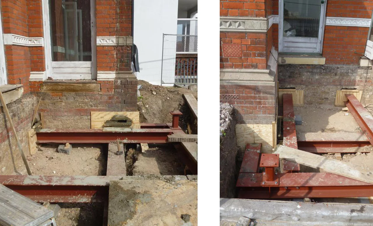 Detail showing cantilevered steel framework below ground.