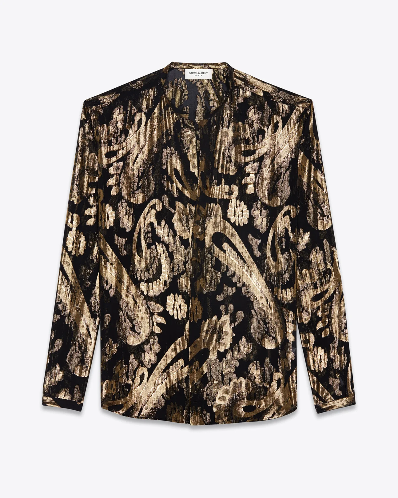 Saint Laurent Tunisian Collar Shirt In Black Silk With Gold Lamé Flowers