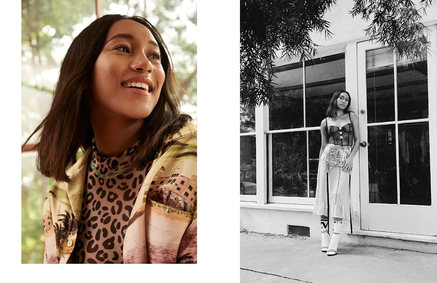 Left: turtleneck SANDY LIANG, shirt AMIRI • Right: corset & earrings ALESSANDRA RICH, skirt SANDY LIANG, socks ZADIG ET VOLTAIRE, sandals CULT OF COQUETTE