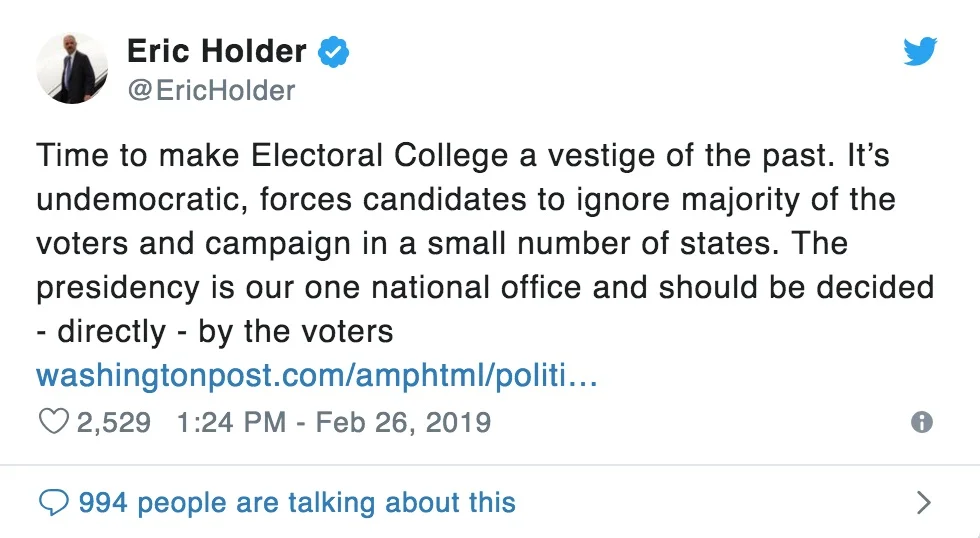 Eric Holder Voices Support for the National Popular Vote