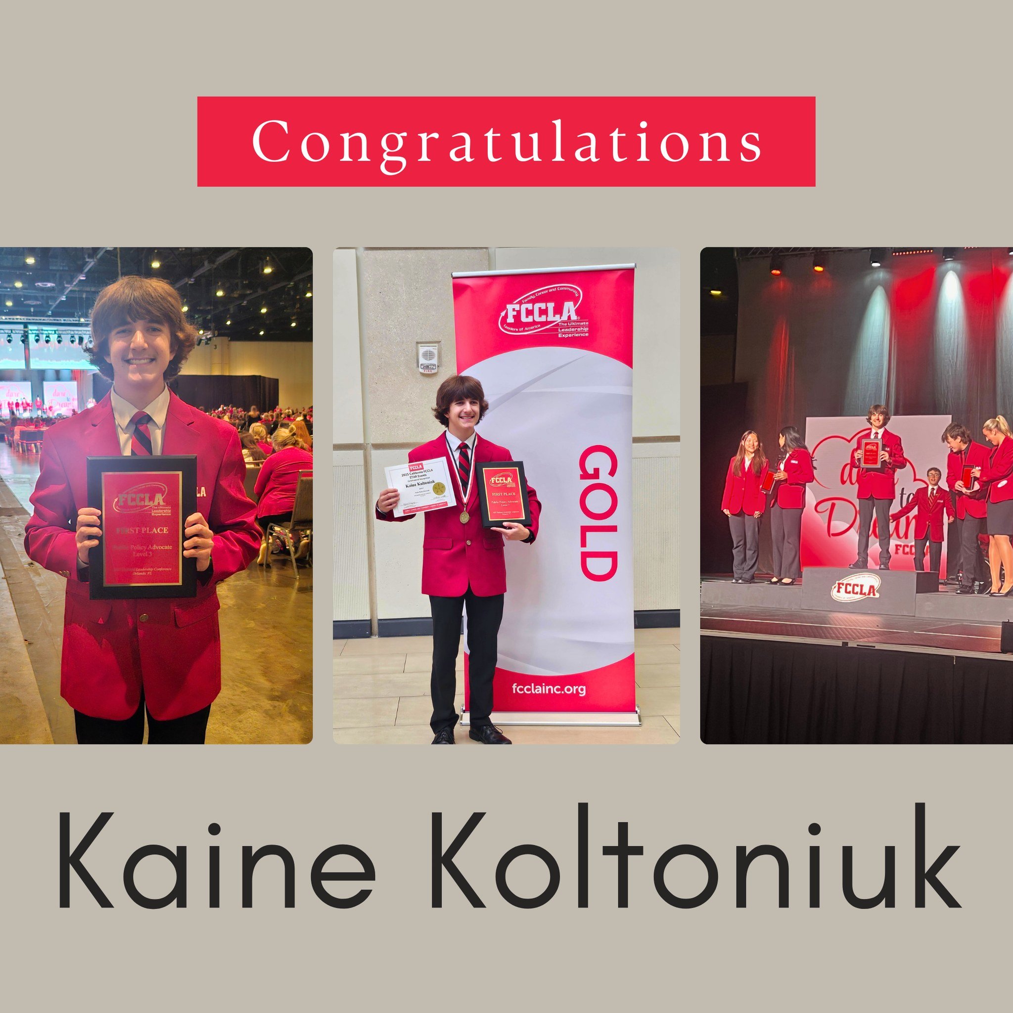 History made! Congratulations to Kaine Koltoniuk for earning 1st place in the Public Policy Advocate event at the 2025 FCCLA National Leadership Conference—the first-ever student from California to take home the top national honor in this categ