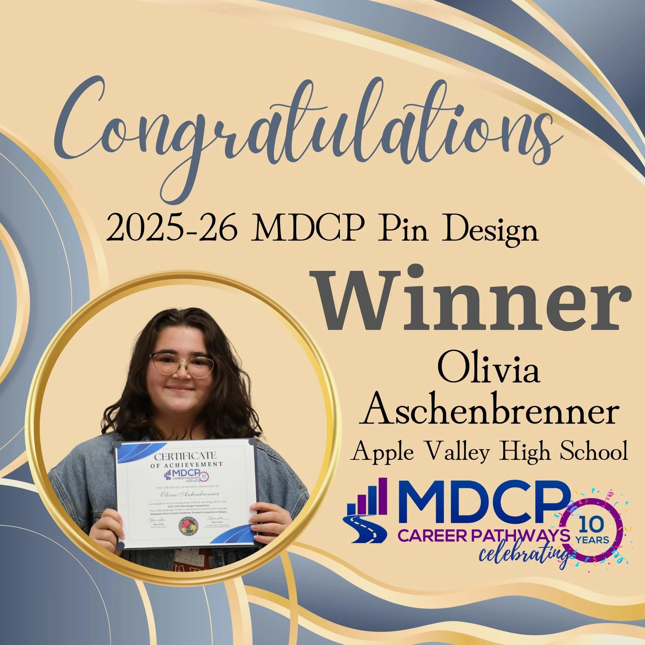 We’re thrilled to announce the winner of the 2025–26 MDCP Pin Design Competition! This special contest gave students the chance to create a commemorative pin celebrating 10 years of MDCP while showcasing their graphic design skills. Over