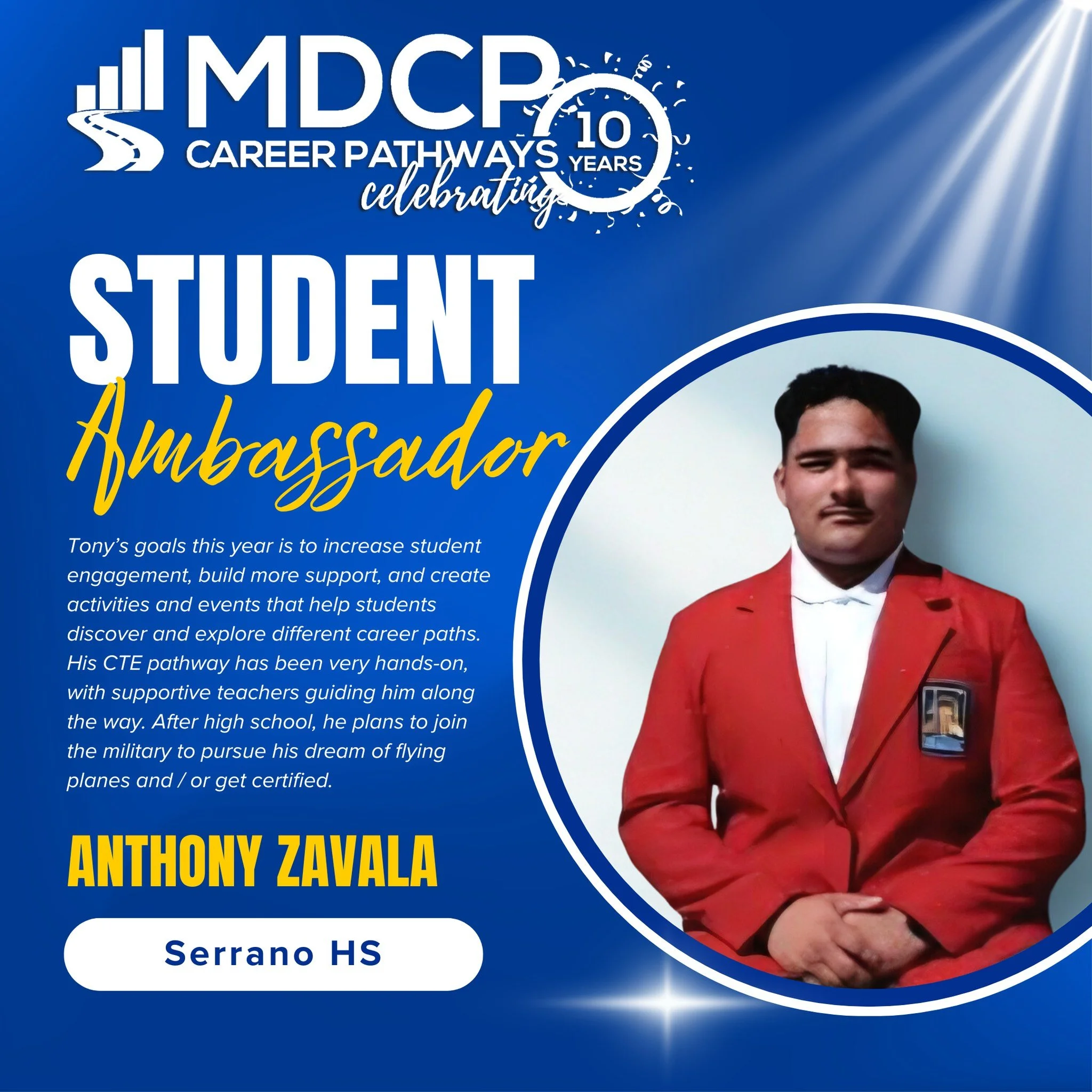 Meet the CTE Student Ambassador from Serrano High School!
Introducing Anthony Zavala — a dedicated leader passionate about planning more CTE events and growing Serrano HS’s social media presence. He’s excited to boost student partic