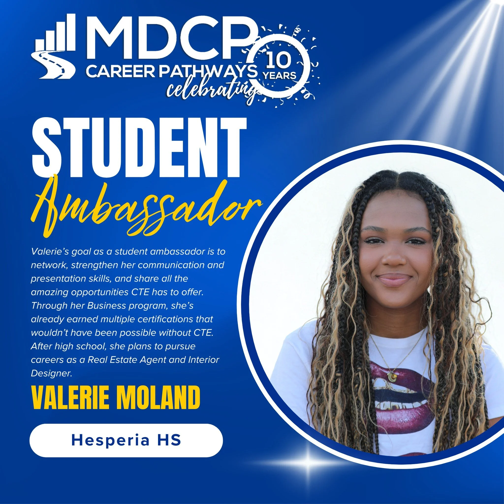 Meet the CTE Student Ambassador from Hesperia High School!
Introducing Valerie — a passionate and driven leader dedicated to showcasing the incredible opportunities within CTE. She’s excited to represent every CTE program on campus and sh