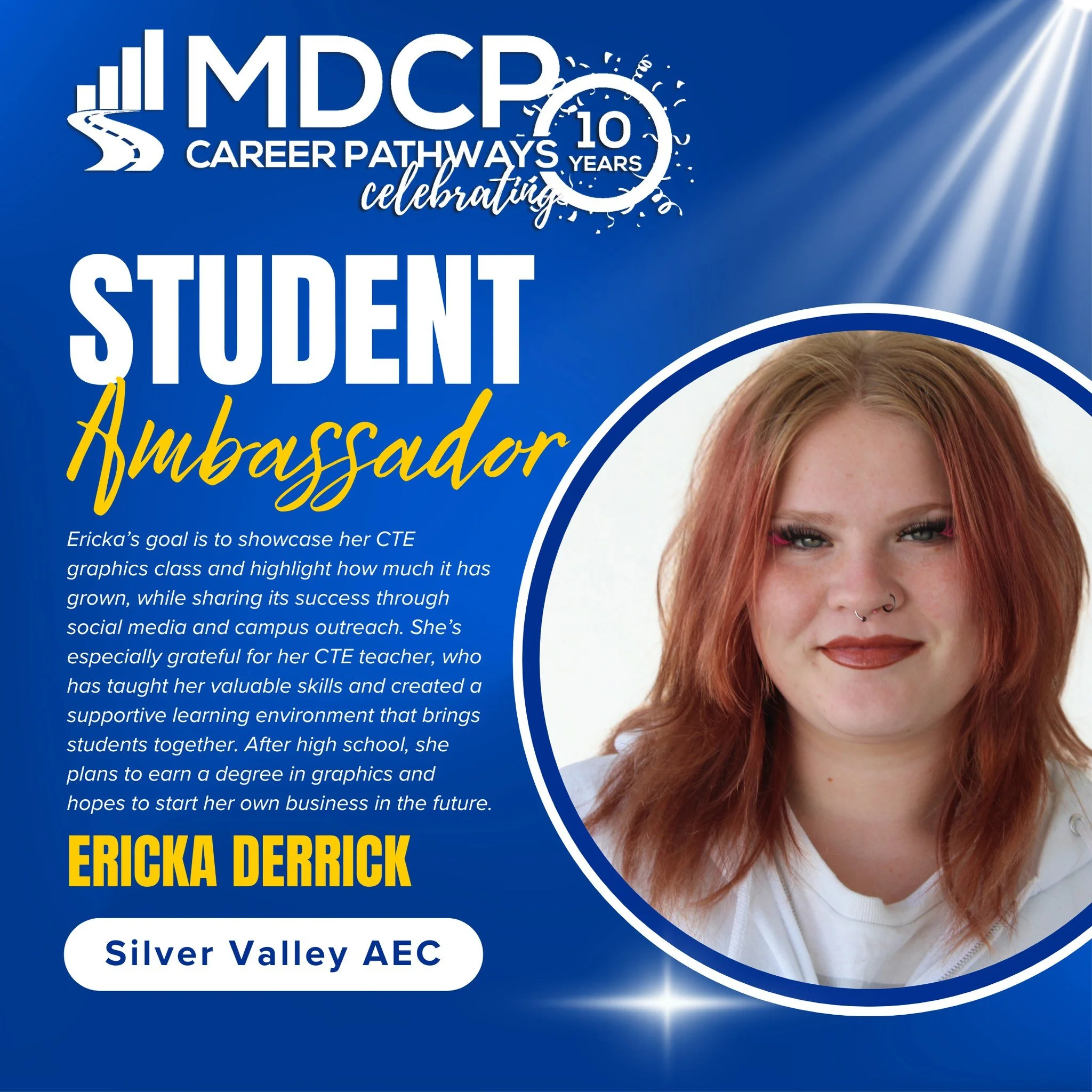 Meet the CTE Student Ambassador from AEC in Silver Valley!
Introducing Ericka — passionate leader who wants to raise awareness of the CTE program at her school. She is excited to make connections, inspire her peers, and showcase the opportuniti