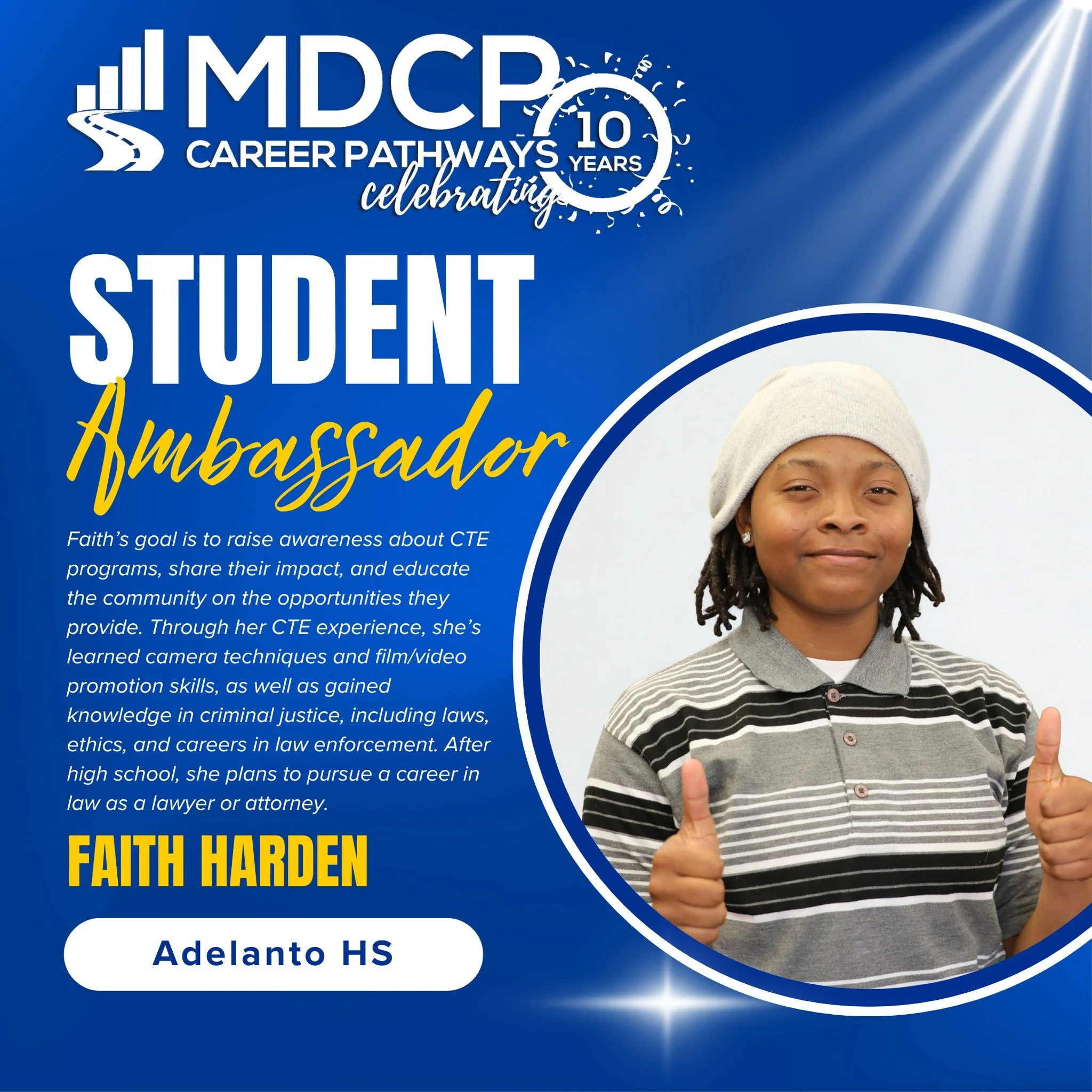 Meet the CTE Student Ambassador from Adelanto High School!
Introducing Faith, a passionate leader committed to uplifting CTE on campus. She is on a mission to spotlight every CTE program and build bridges between students and the community through ex