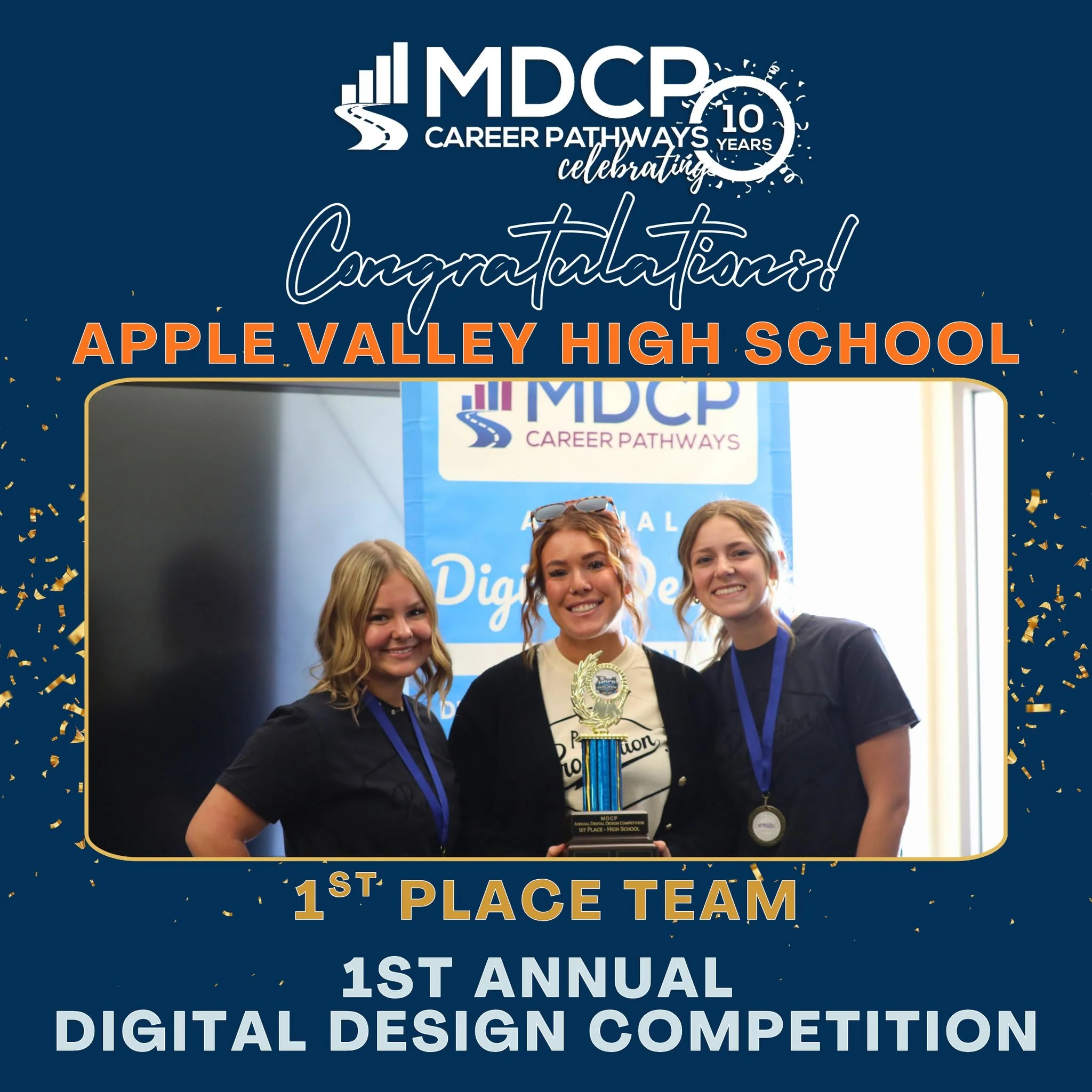 Talented students from Graphic Design CTE programs put their creativity and design skills to the test at our 1st Annual Digital Design Competition!
Students were given a fictional business client and challenged to develop a professional logo along wi