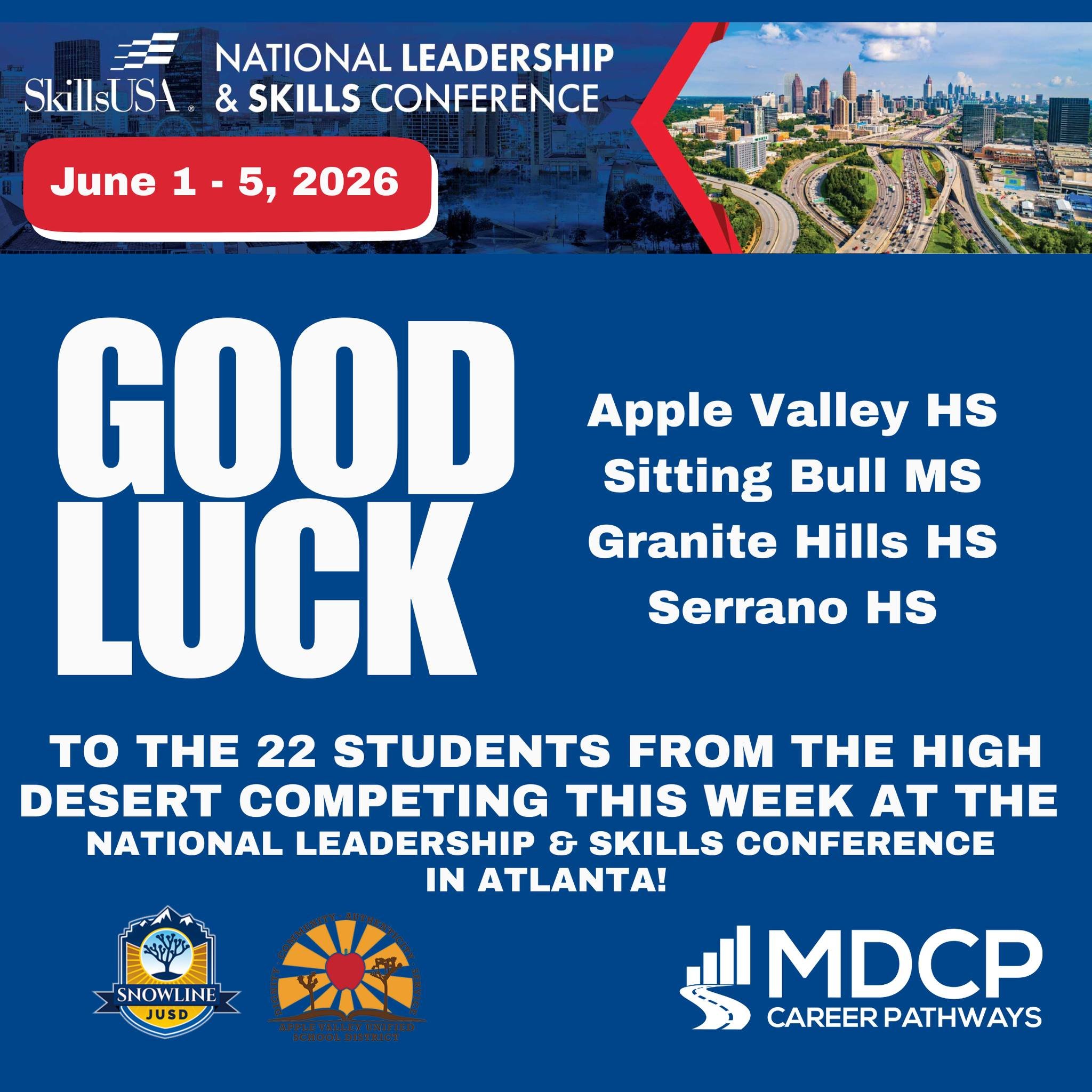 We have 22 CTE students from the high desert on their way to Atlanta to represent California at the National Leadership and Skills Conference. 
Congratulations, we wish you all the very best! 
#FutureLeaders #SkillsUSACa #SkillsUSA #NLSC2024 #AVUSD #