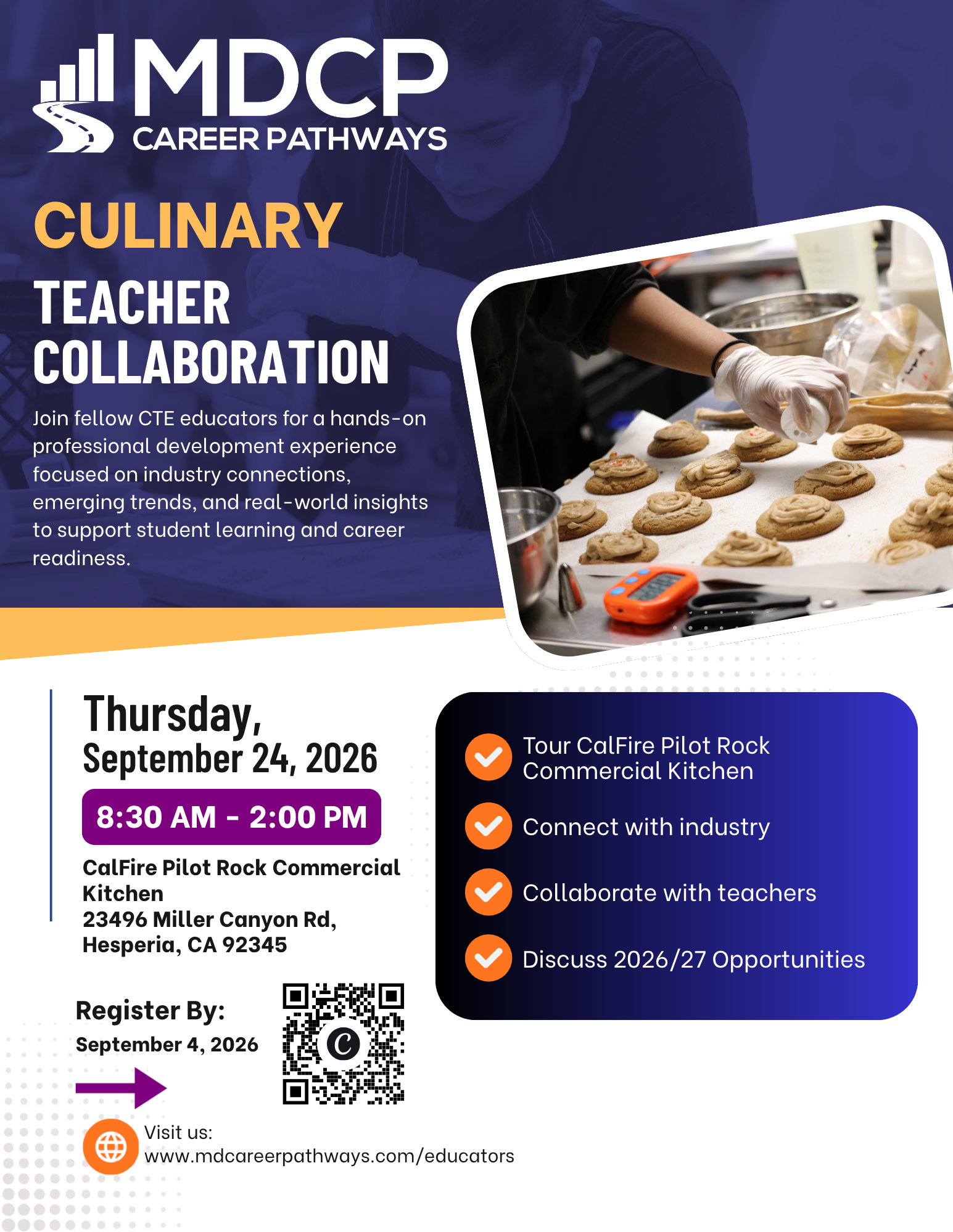 This flyer promotes the MDCP Culinary Teacher Collaboration professional development event on Thursday, September 24, 2026, from 8:30 AM to 2:00 PM at the CalFire Pilot Rock Commercial Kitchen in Hesperia, CA.