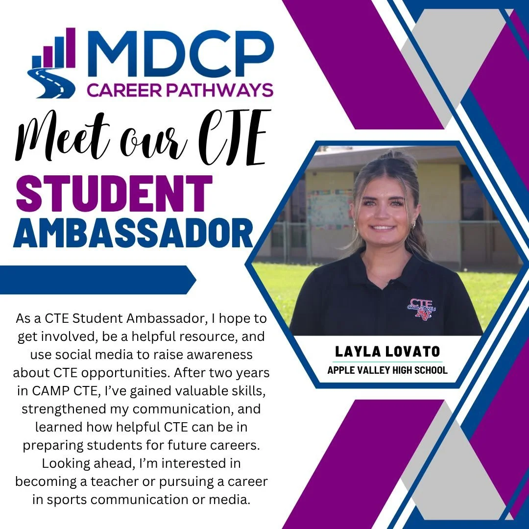 Meet the CTE Ambassador from Apple Valley High School! Introducing Layla and Emily, they are excited to highlight CTE programs and share the story of their CTE experience through social media. #CTE #CTEWorks #CTEStudentAmbassador #MDCP