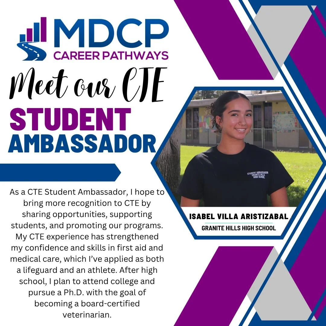 Meet the CTE Ambassadors from Granite Hills High School! Isabella and Kera have learned to connect with their community through CTE courses and will lead by sharing opportunities from their CTE experience with peers. #CTE #CTEWorks #CTEStudentAmbassa
