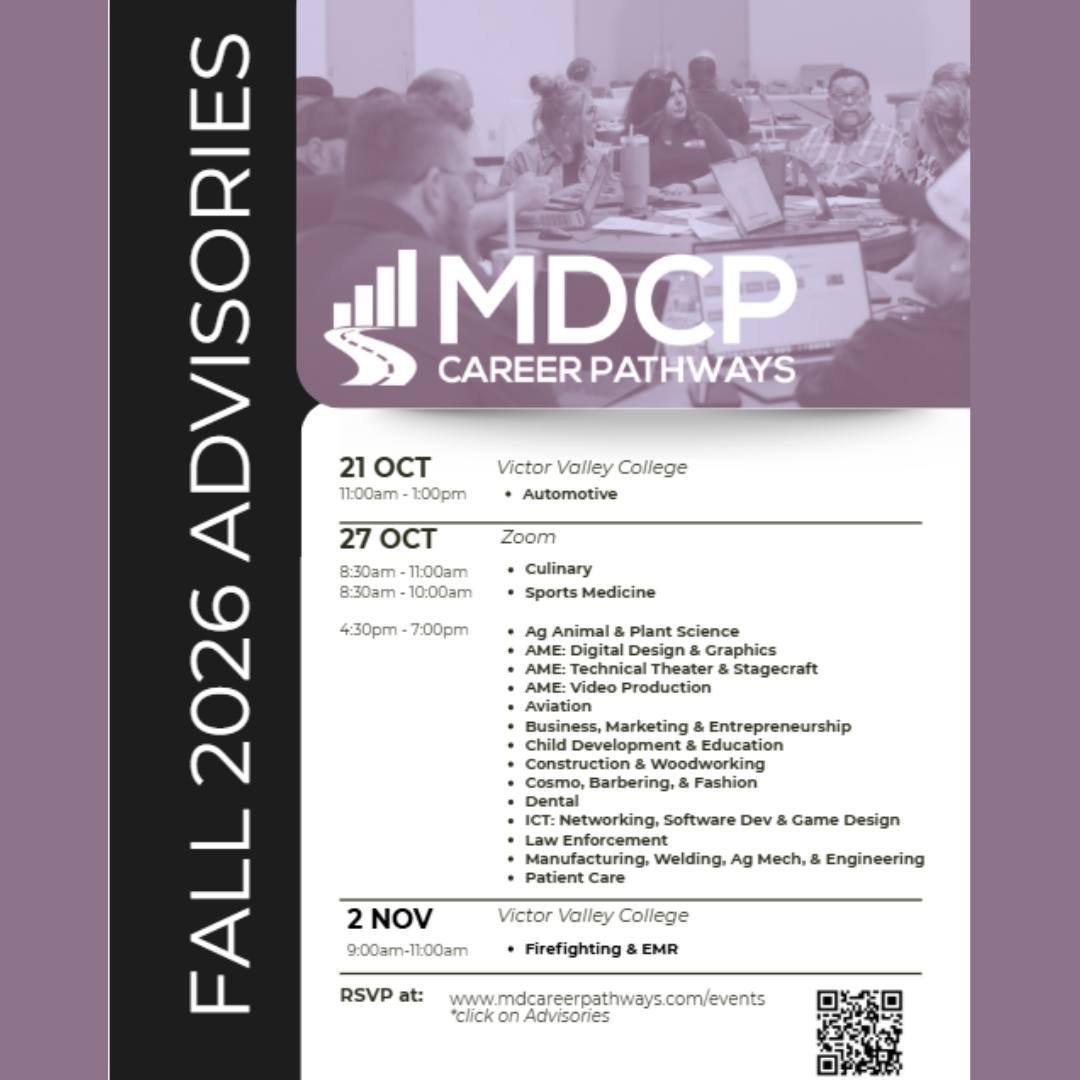 Fall 2026 Industry Advisories!
Calling All Industry Partners!

Are you a local business owner, employer, or industry professional interested in helping shape the future workforce of the High Desert? We invite you to join the conversation!

Your indus