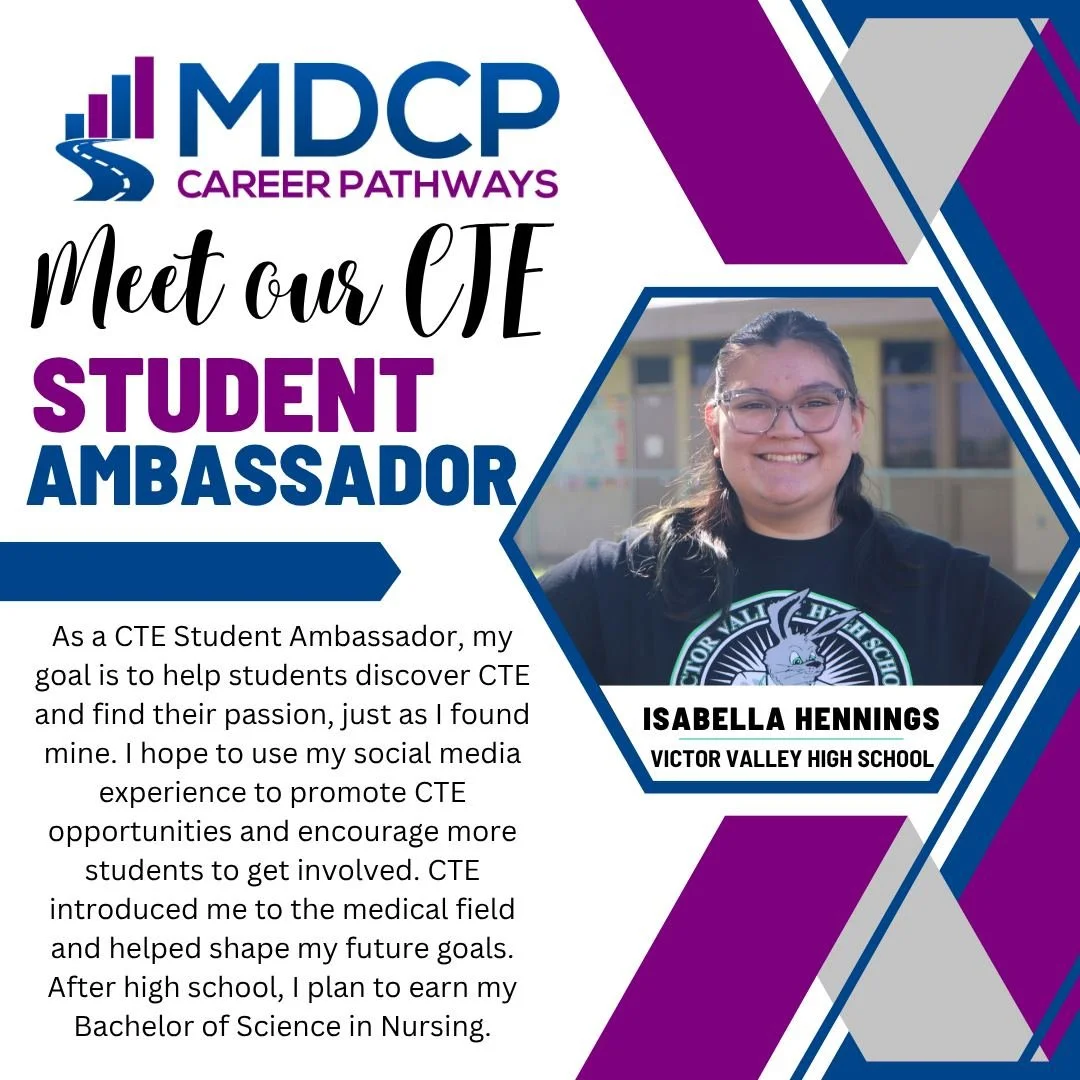 Meet the CTE Ambassadors from Victor Valley High School! They are excited to continue building their skills and share CTE opportunities with their peers to encourage greater CTE involvement on their campus. 
#CTE #CTEWorks #CTEStudentAmbassador #MDCP