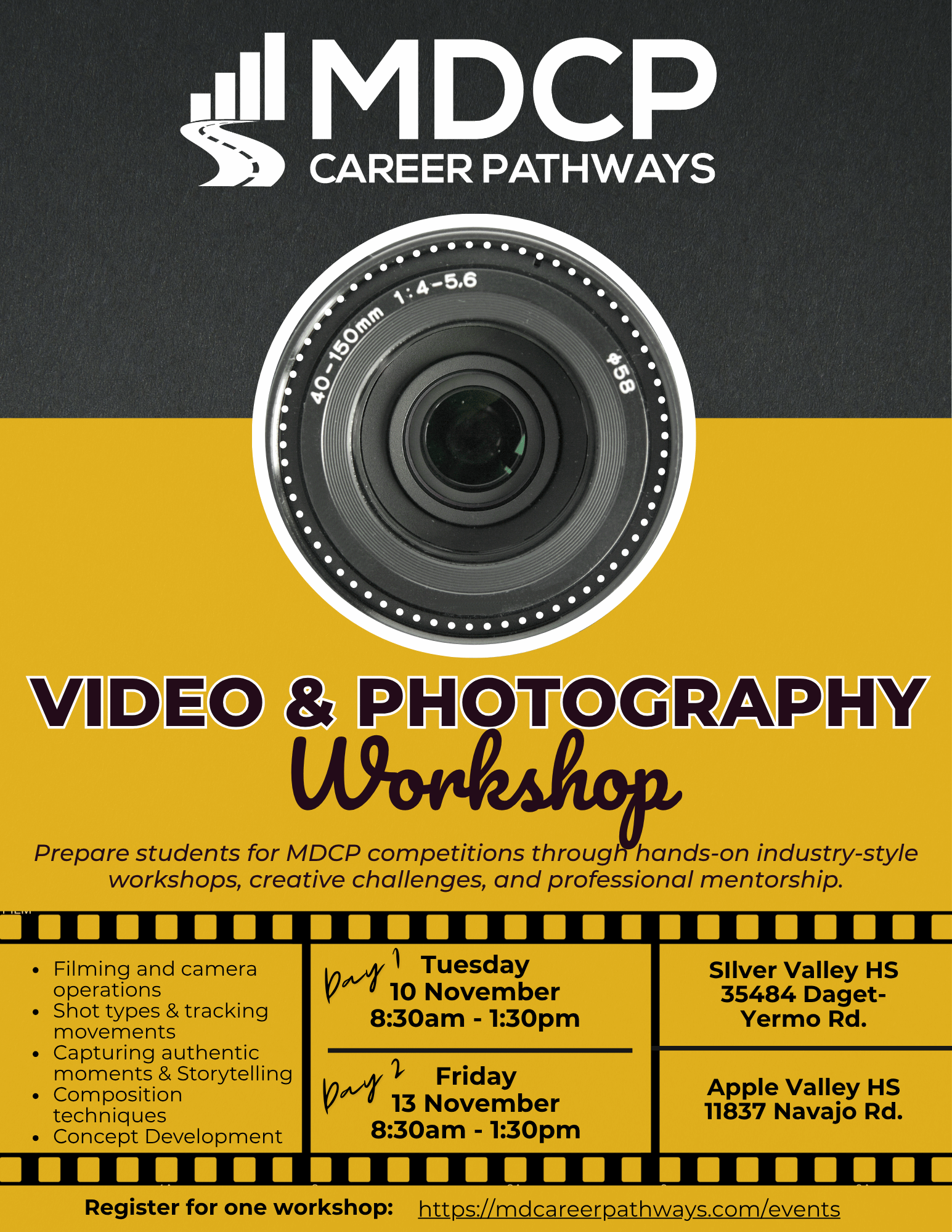 Flyer for the MDCP Video & Photography Workshop taking place on November 10 and November 13, detailing topics on camera operations, shot types, storytelling, composition, and concept development.