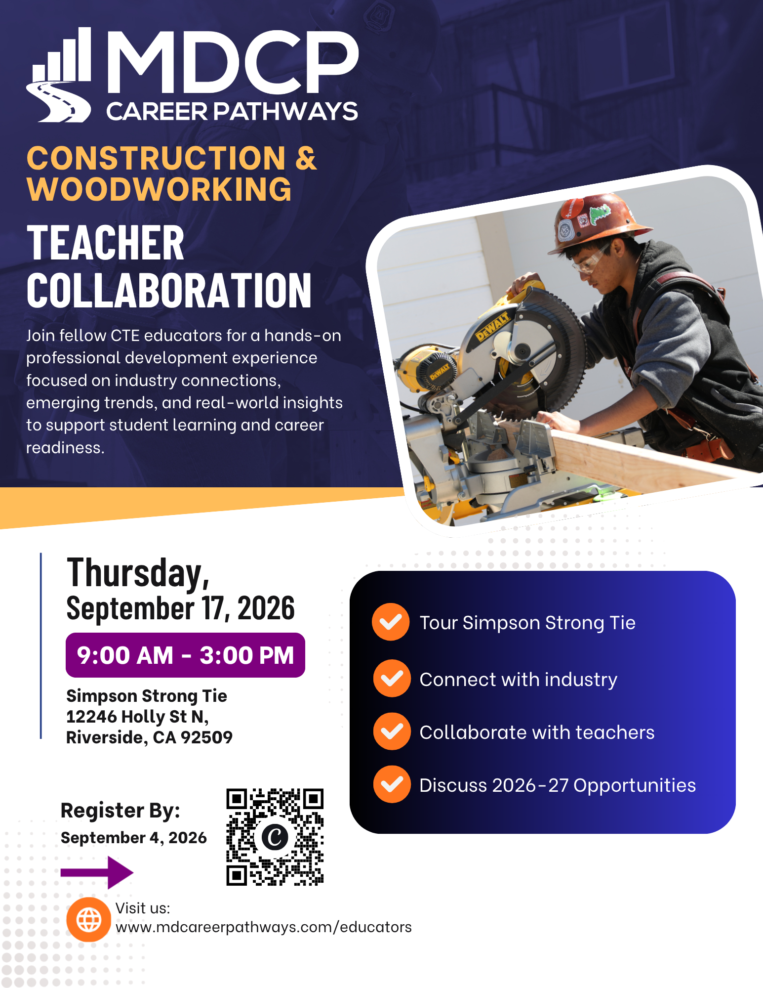 Flyer for the MDCP Construction & Woodworking Teacher Collaboration event on September 17, 2026, from 9:00 AM to 3:00 PM at Simpson Strong Tie in Riverside, CA