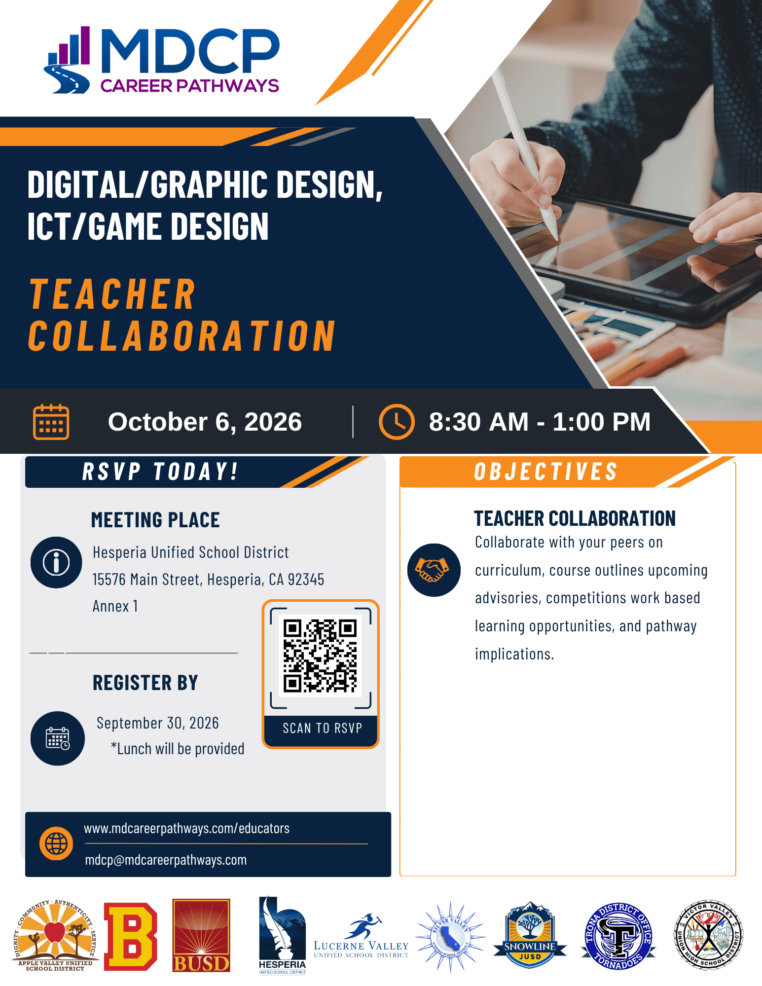 Flyer for the Digital/Graphic and ICT/Game Design Teacher Collaboration on October 6, 2026 from 8:30AM-1:00PM.
