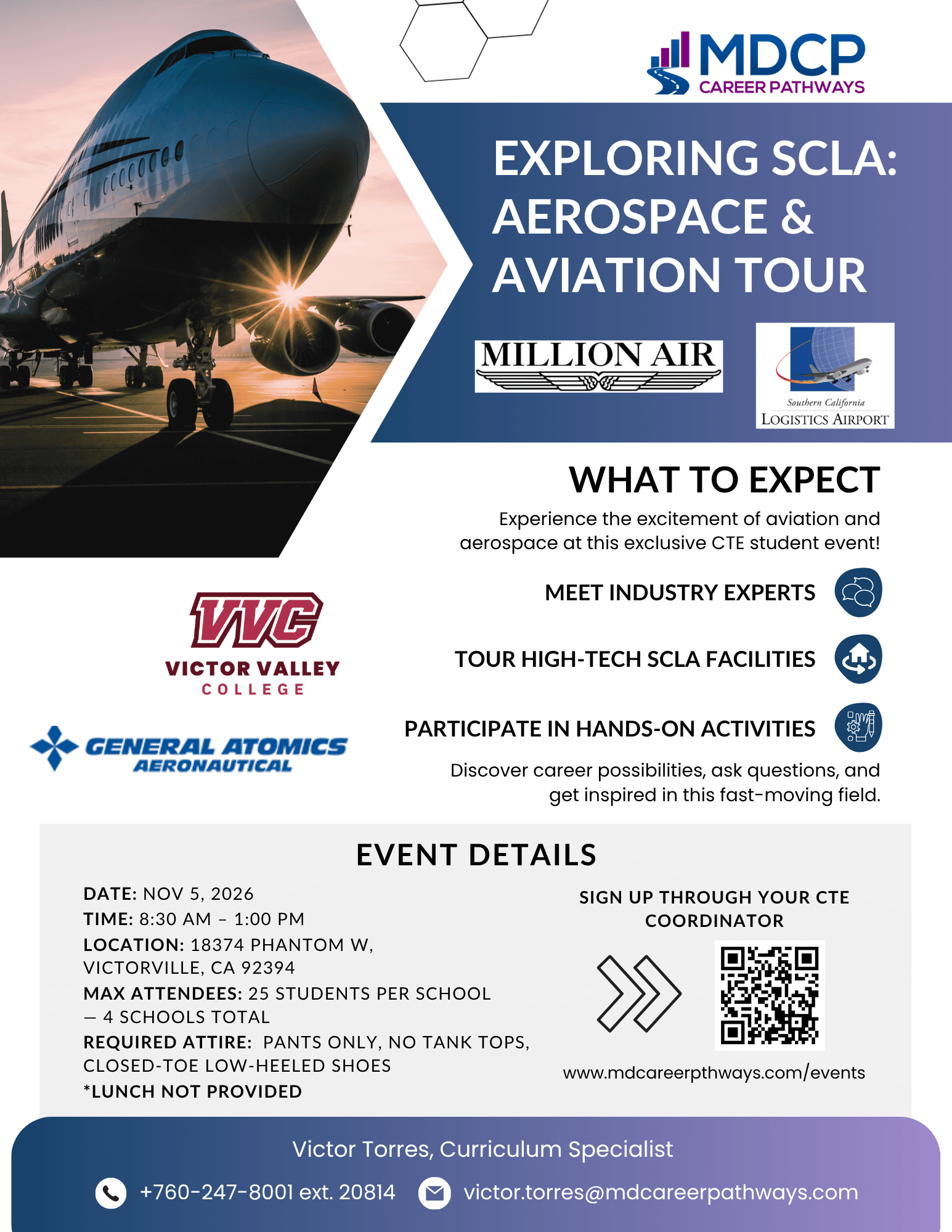 An event flyer for the "Exploring Aerospace & Aviation Tour" hosted by Victor Valley College and General Atomics Aeronautical on November 5, 2026.