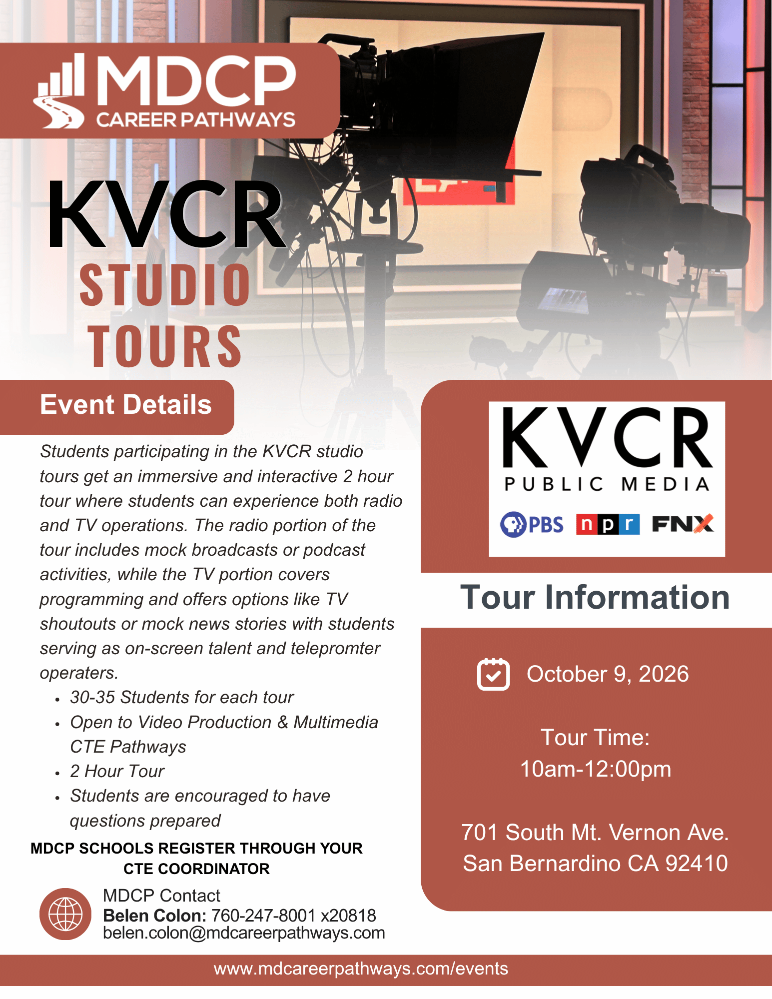 Event flyer for the KVCR Studio Tour on October 9, 2026, inviting Video Production and Multimedia CTE students to participate in a 2-hour interactive broadcasting experience covering radio, podcasting, and TV operations at the San Bernardino facility