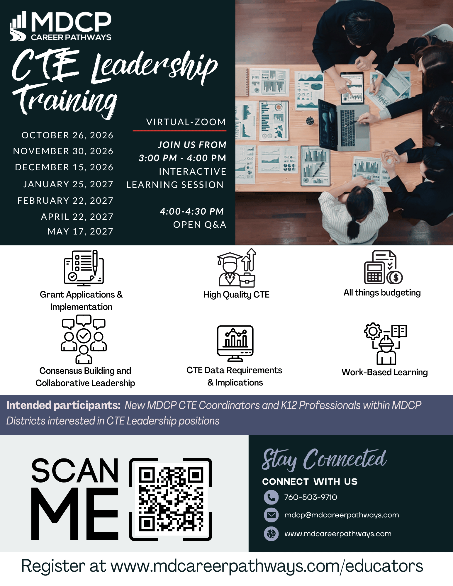An informational flyer for the Mountain Desert Career Pathways CTE Leadership Training series, outlining virtual Zoom sessions covering topics such as grant applications, budgeting, leadership, and work-based learning for new  staff.