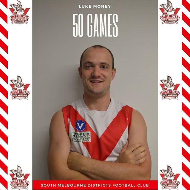 Congratulations to Luke 'bags' Money who has taken the long road but this week will bring up his 50th game at the districts. 
A member of the senior leadership group and keeper of the fines, suited to a bloke whose name relates to the currency with w