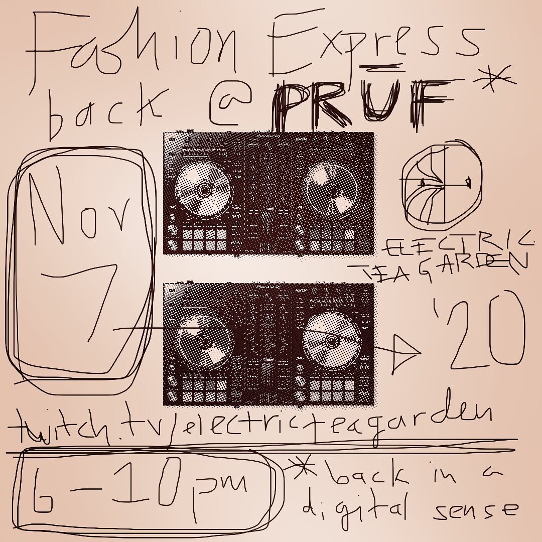 Taking you on a ride with Fashion Express, this Saturday, November 7th, from 6 pm to 10 pm via twitch.tv/electricteagarden featuring Italo and 80s by @mishafleyta and. @ryanhunt.design. 

While our brick-and-mortar is closed, we will be airing from a