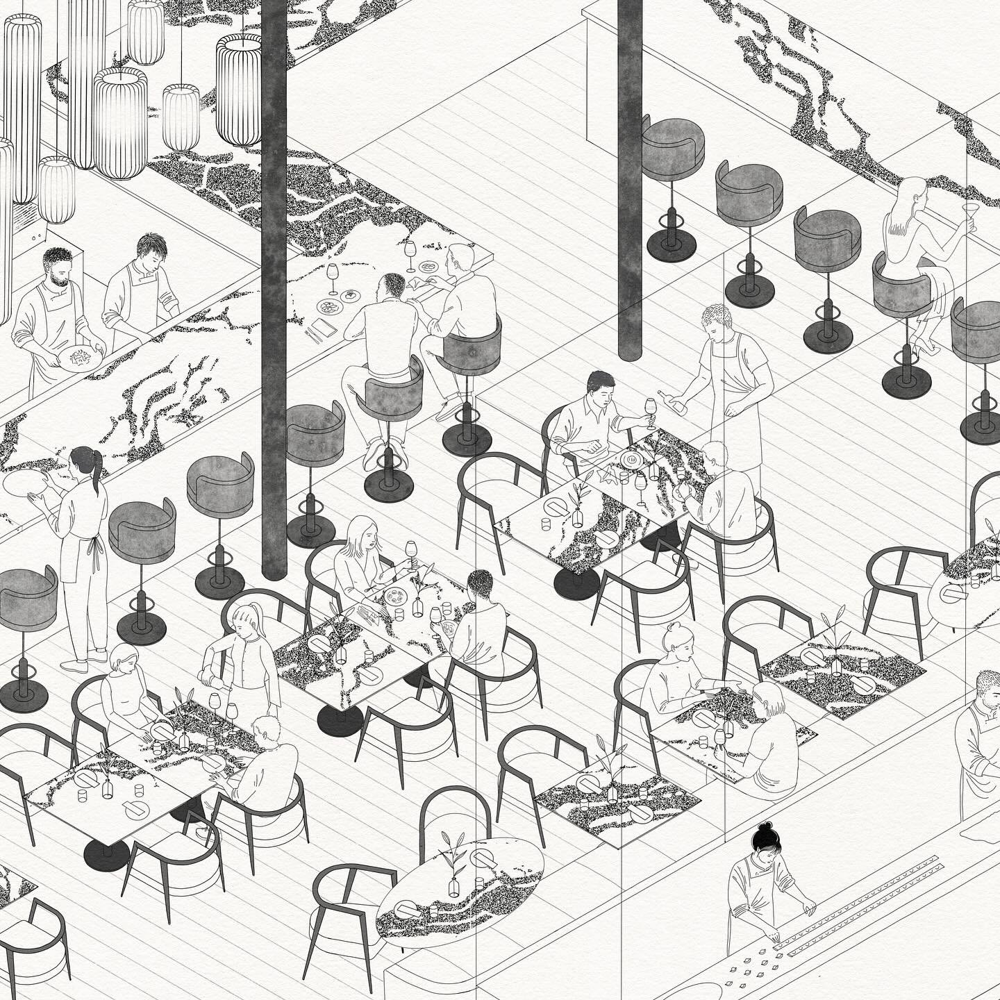 It was a pleasure to illustrate this for @angelina.london &lsquo;s new Osteria in Spitalfields.

Commissioned by the brilliant team at @a_common_purpose_studio , the isometric artwork is drawn in black and white and captures the layout and character 