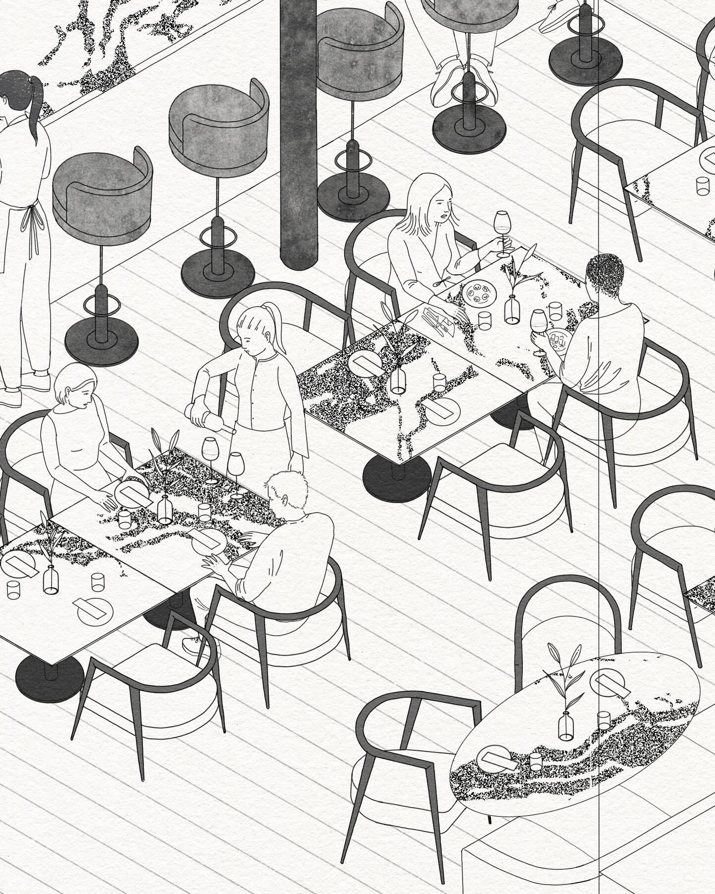 Drawn from CGI references and architectural layouts, the entire space was transcribed into isometric perspective to reflect the restaurants layout accurately @angelina.london .You can see the initial sketch on the last slide. Such a fun process and a