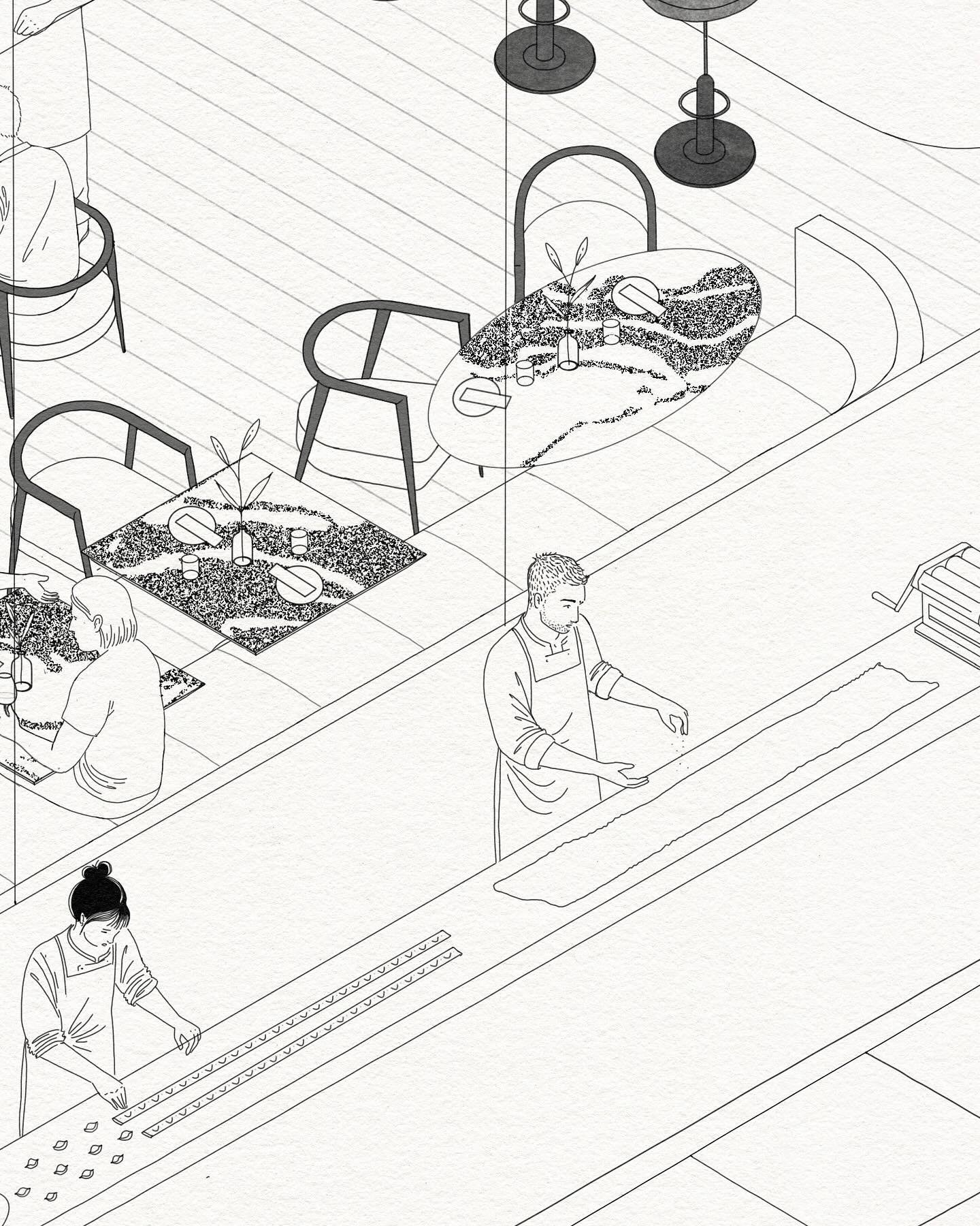 A close-up of the dedicated pasta-making station at @angelina.london, which opens tomorrow in Spitalfields. Swipe to see the reference I worked from, to illustrate this scene (taken in their sister restaurant in Dalston). 

Illustrations for menu and