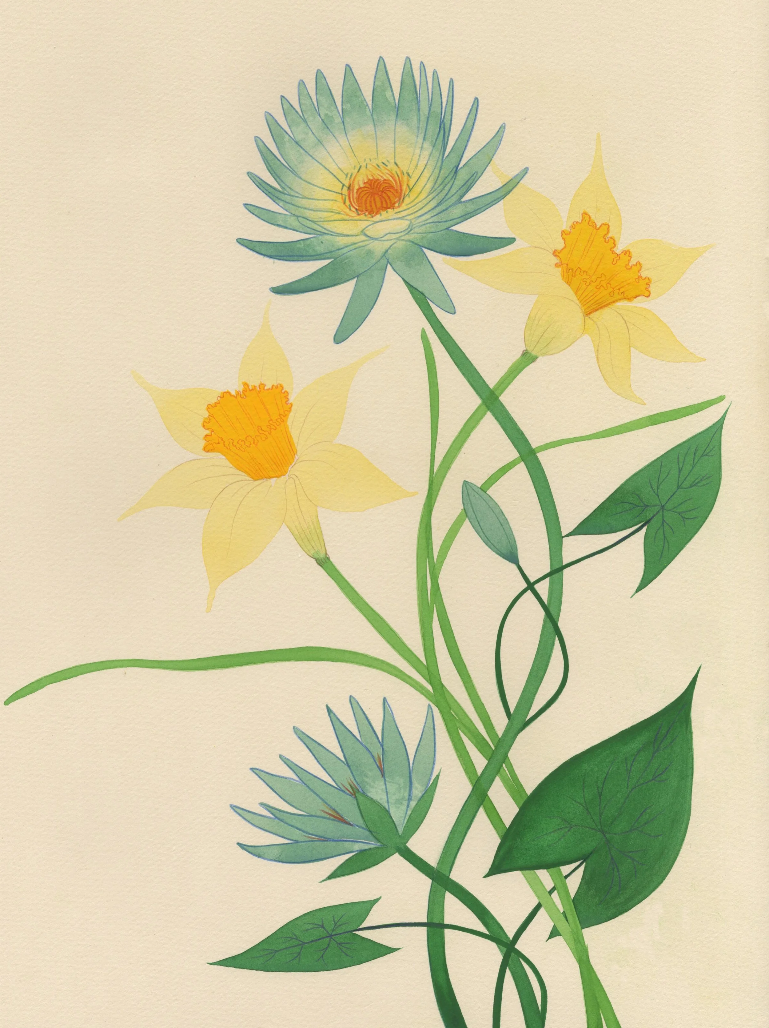 Gouache illustration of lotus and daffodil created for Manu and AJ&rsquo;s wedding invitation 🌼
