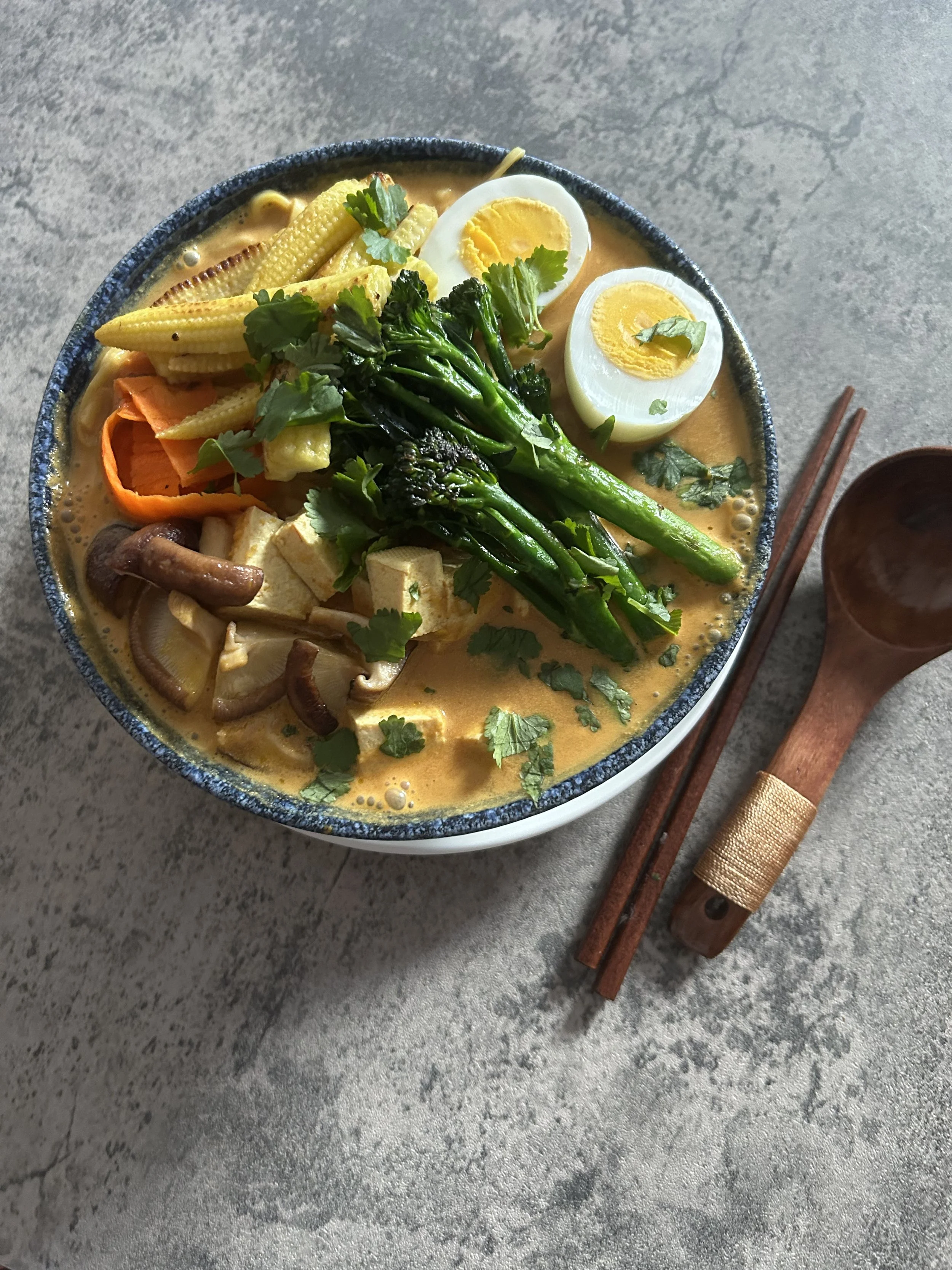 2025-11-29 Turmeric, Coconut Cream & Veg Broth, Egg Noodles, Veggies, Boiled Egg, Cubed Tofu & Coriander.jpg