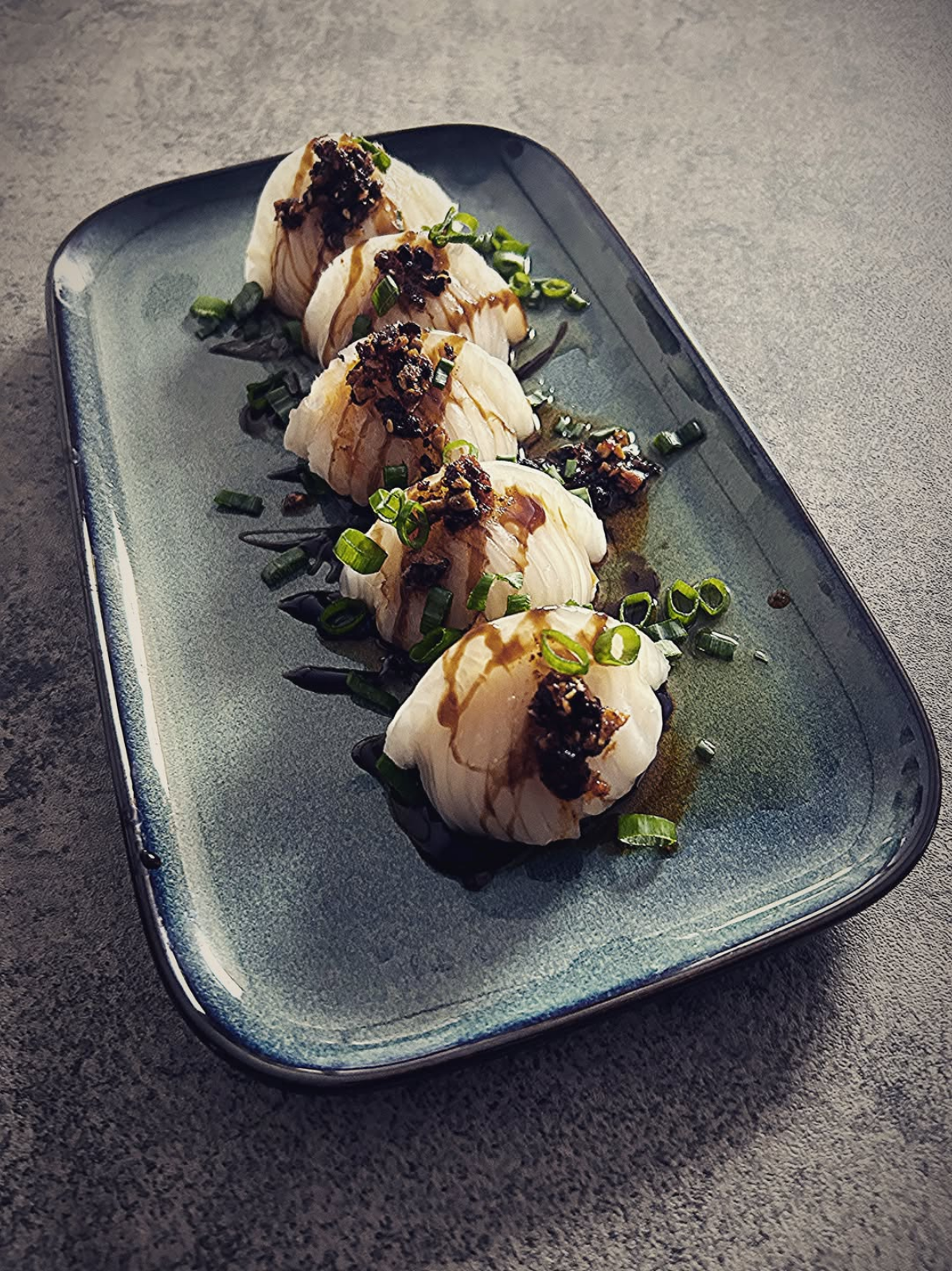 2026-07-27 Veggie dumplings with Hoisin sauce, Toasted Sesame Seed oil, Crispy Chilli in oil and Spring Onions.png