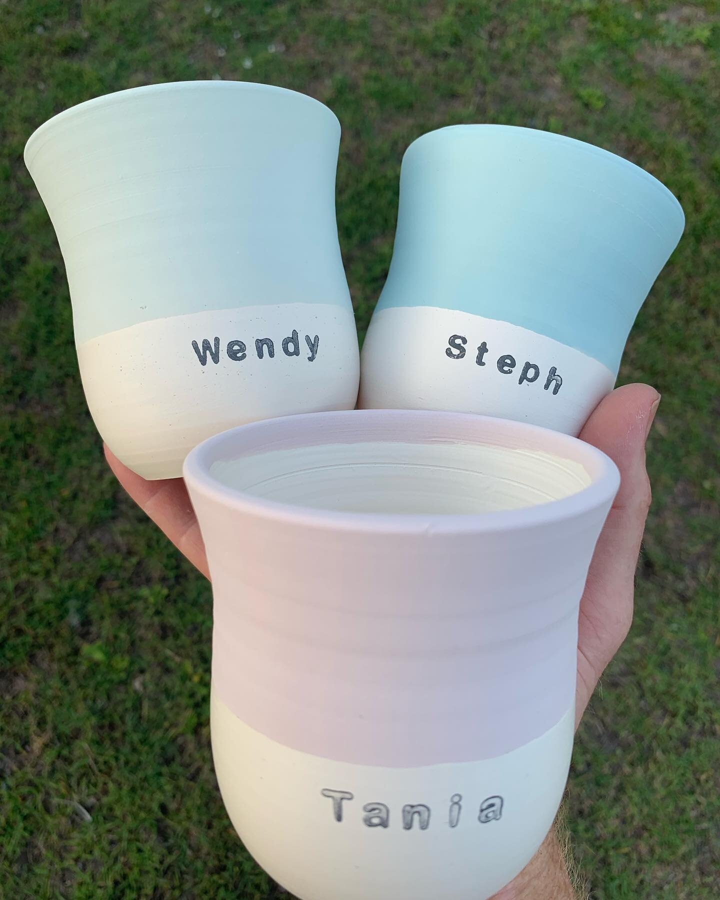 Cups for family and friends with names on them are a wonderful personalised gift for Christmas! These ones glazed and ready to fire! #theceramicmill #keepcup #travelcup #handmade #greenteam #sustainable #customtravelcup #travelmug #waronwaste #coffee