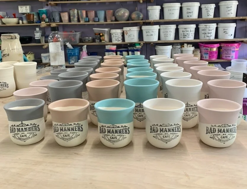 @badmannersdonuts stamped and colours applied ready for firing! #theceramicmill #keepcup #travelcup #handmade #greenteam #sustainable #customtravelcup #travelmug #waronwaste #coffeebrisbane #coffesydney #coffeegoldcoast #cup #environment #ceramickeep
