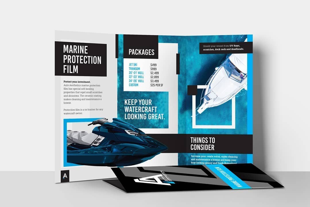 Need promotional materials? We got you. .
Check out these awesome Marine Paint Protection trifolds for Auto Aesthetics. Physical marketing materials are a great way to build more personable experiences with your clientele. .
Find out how you can adve