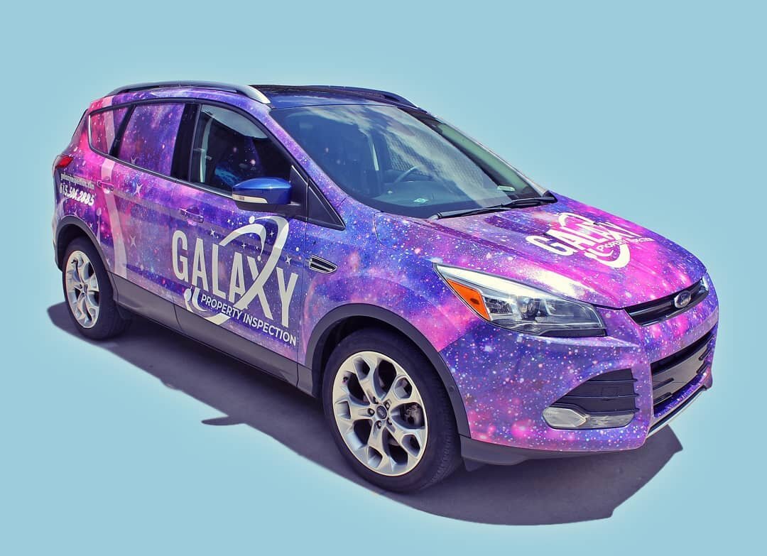 The team finished this one up last week for @galaxypropertyinspection 💫  We laminated this custom galaxy design in @averydennison diamond and then used frozen vanilla for the cut logos. this. thing. shines. 🔥 A wrap like this is guaranteed to stand