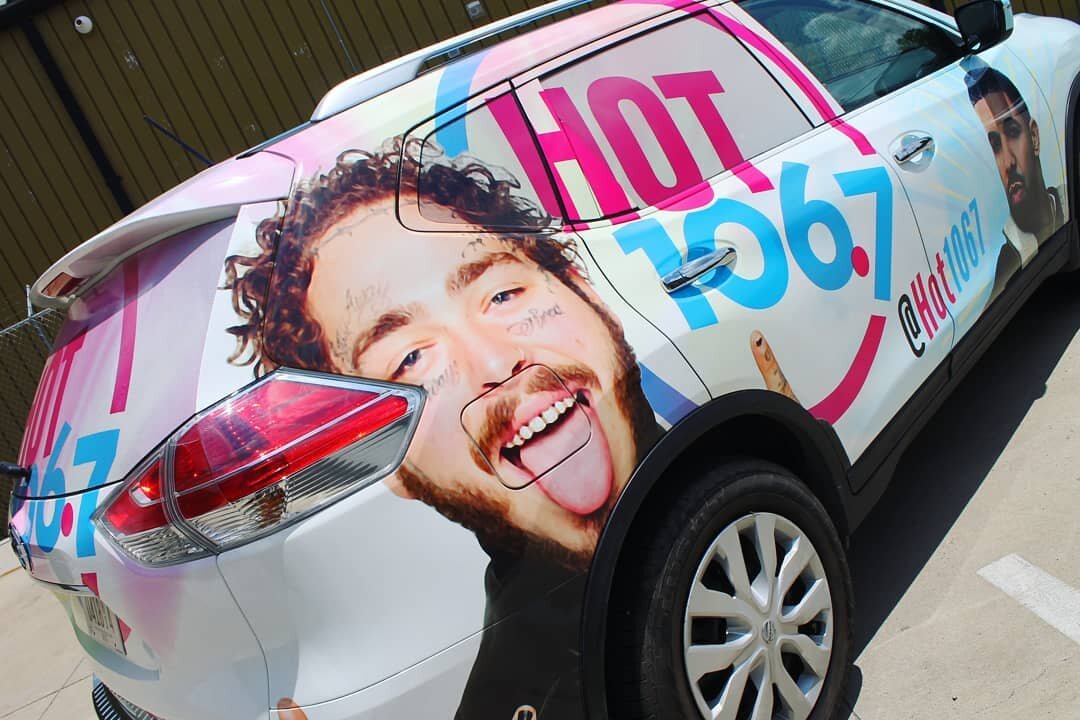 A super fun wrap for @hot1067 💥 Finished this up a week ago, now post malone is out prowling the streets! #wrapdesign #wrapshop #carwrap #vehiclewrap #marketingwrap #branding #graphicdesign #vinylwrap #labelgraphics #thewraplab #averydennison #3m #f